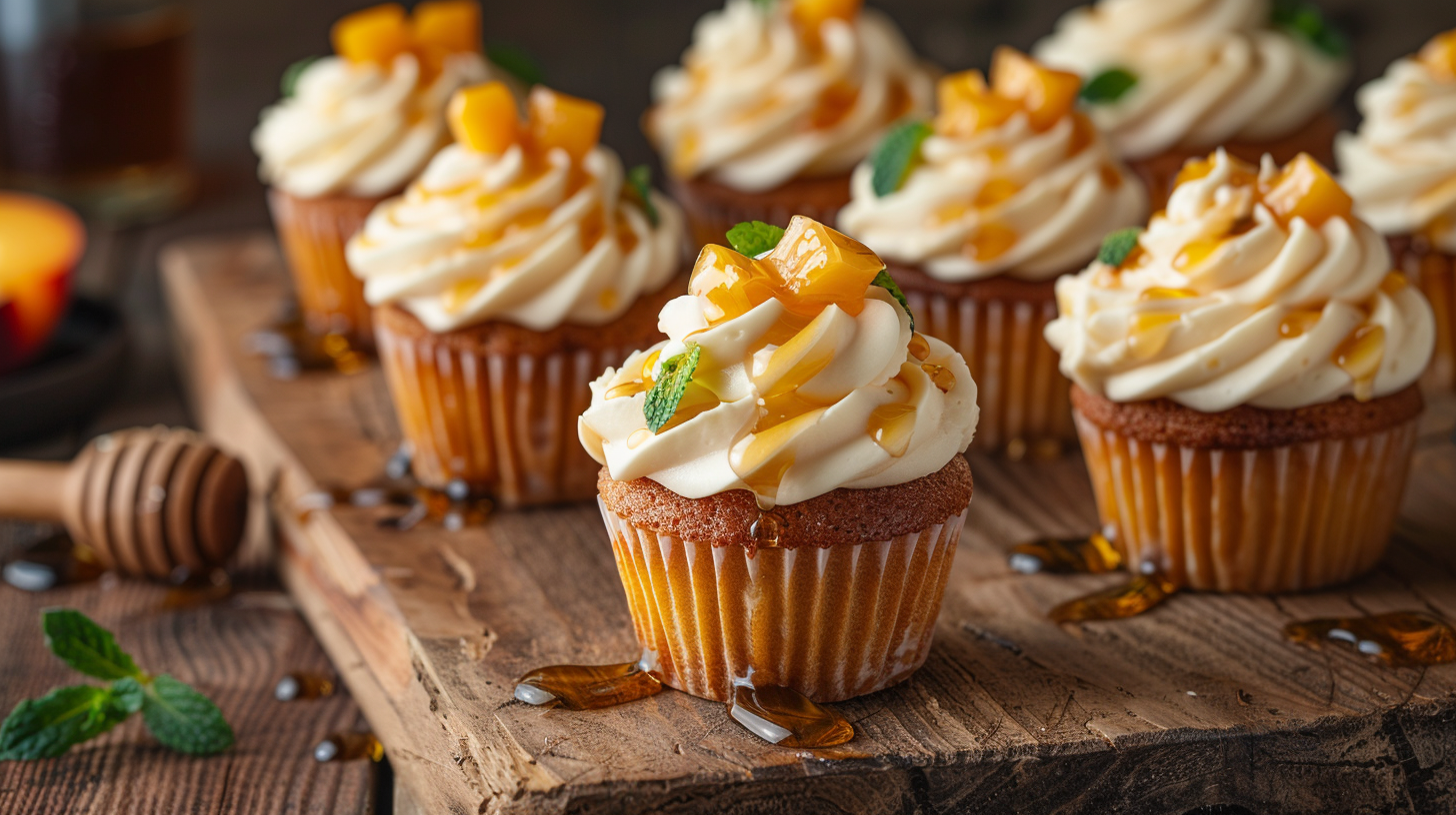 Honey peach cream cheese cupcakes with swirled frosting and fresh peach topping on wooden board