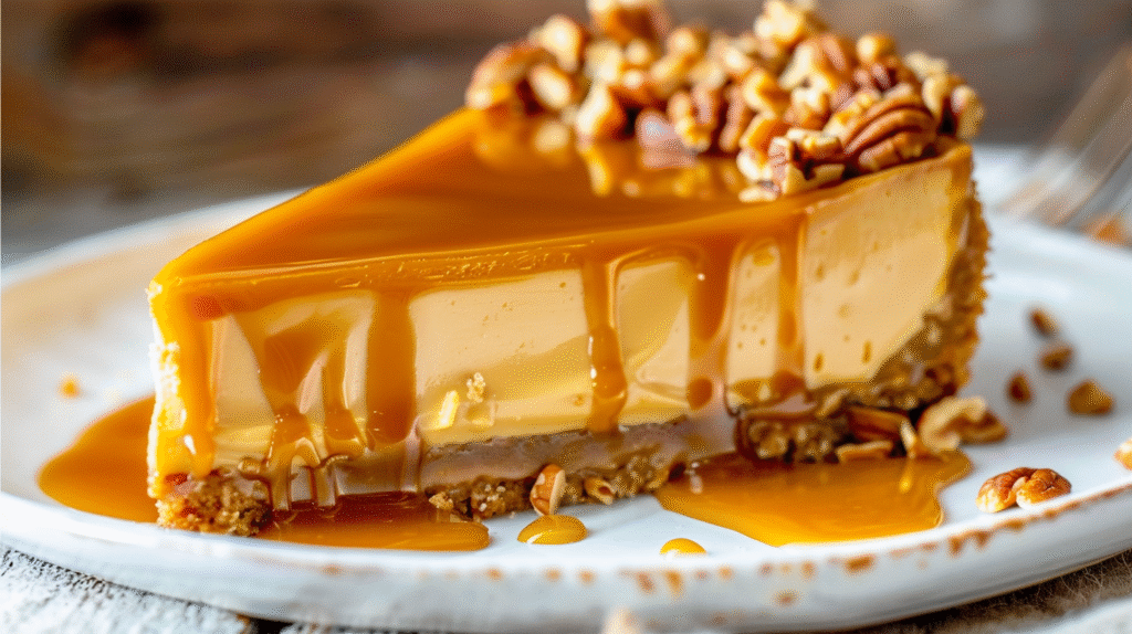 Loaded Butterscotch Cheesecake Recipe showing perfect slice with butterscotch chips and caramel drizzle