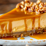 Loaded Butterscotch Cheesecake Recipe showing perfect slice with butterscotch chips and caramel drizzle