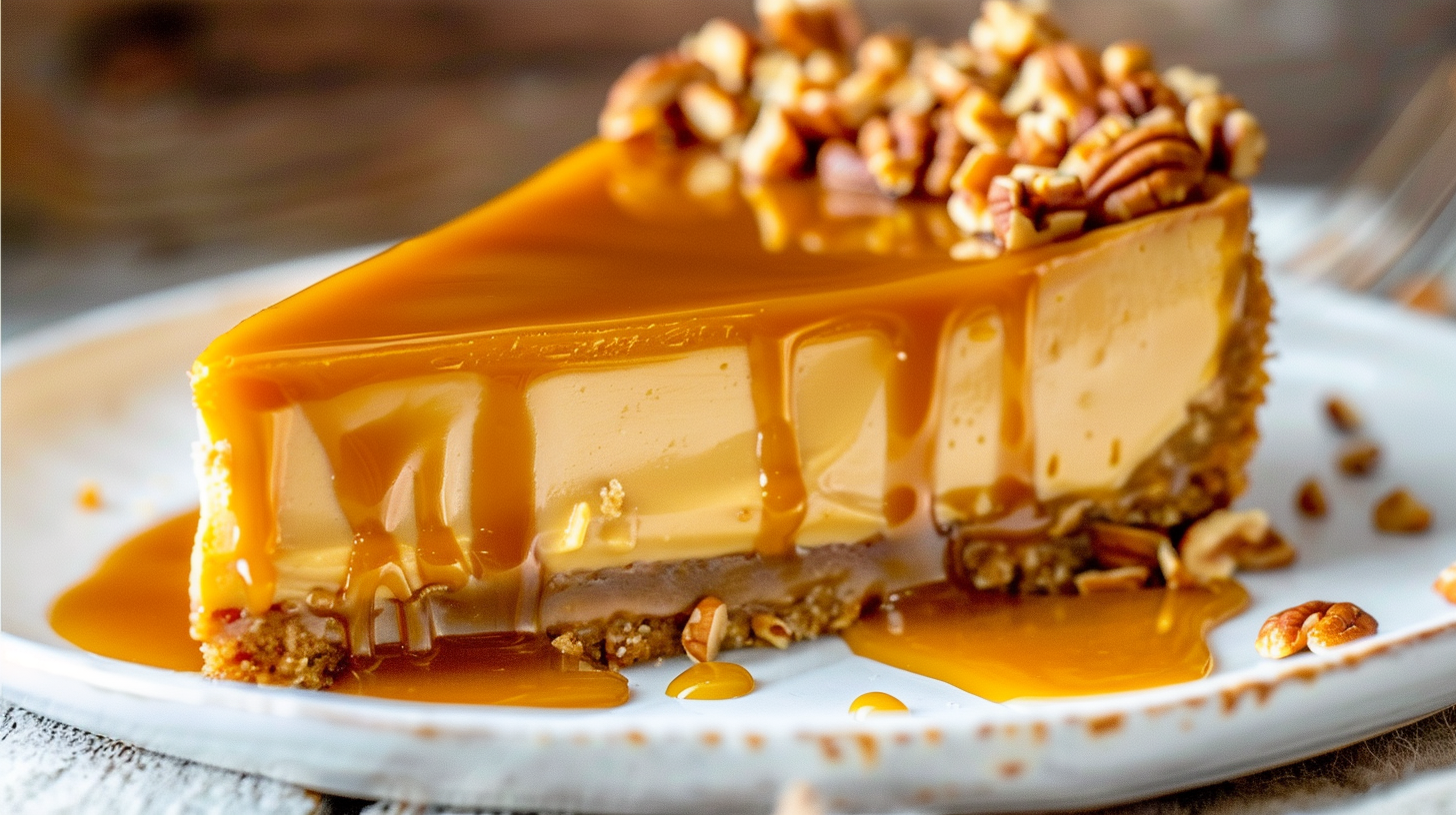Loaded Butterscotch Cheesecake Recipe showing perfect slice with butterscotch chips and caramel drizzle