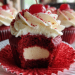Strawberry Cheesecake Red Velvet Cupcakes with cream cheese frosting and fresh strawberry garnish
