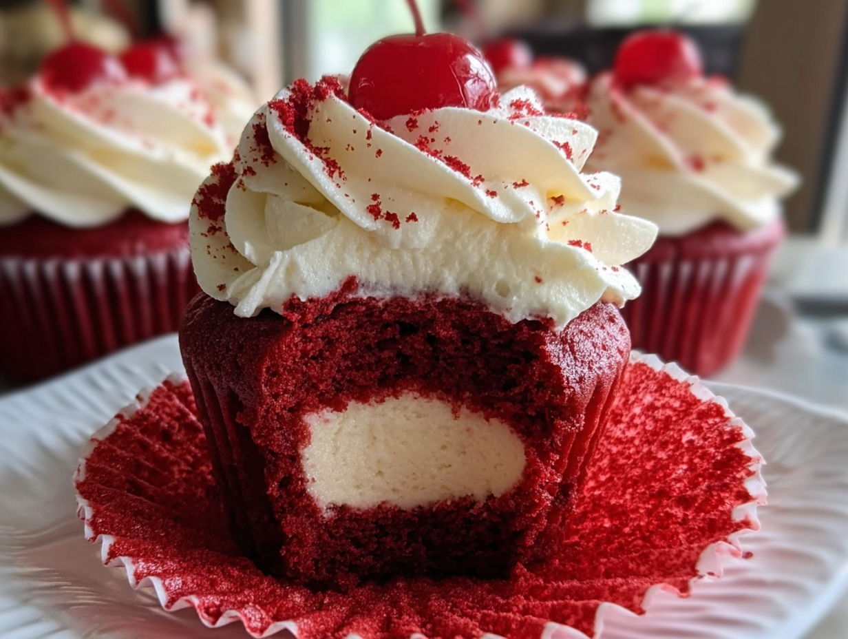 Strawberry Cheesecake Red Velvet Cupcakes with cream cheese frosting and fresh strawberry garnish