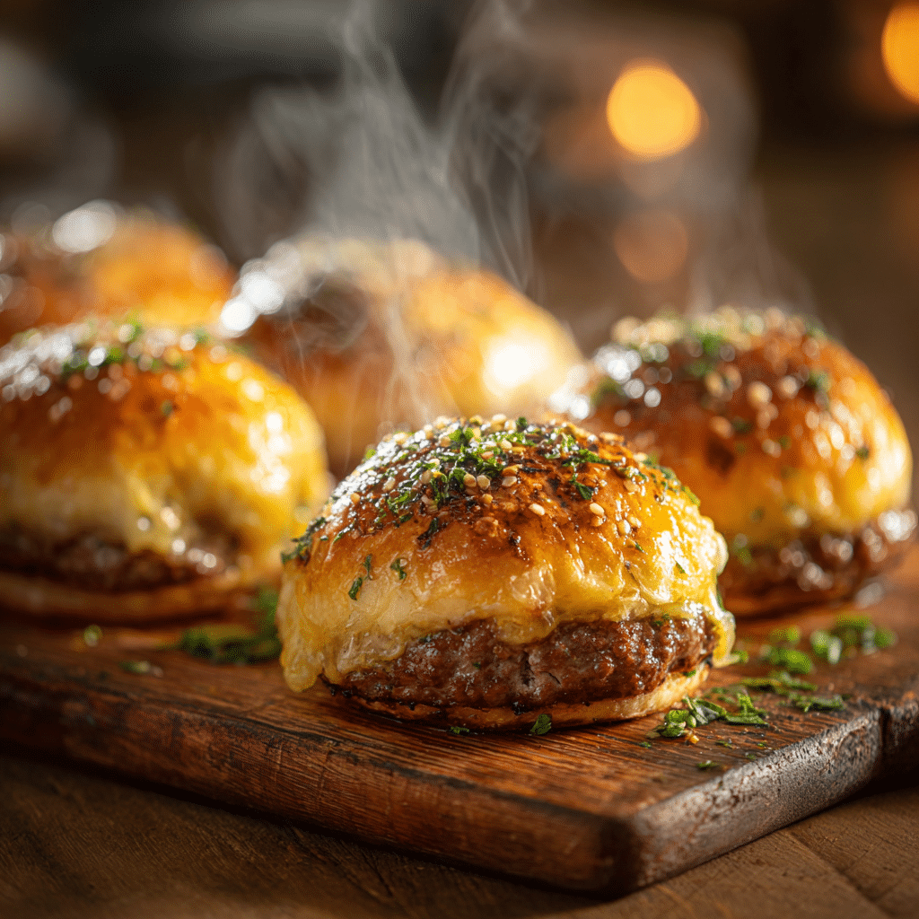 Garlic parmesan cheeseburger bombs with golden brown exterior and melted butter topping on wooden cutting board