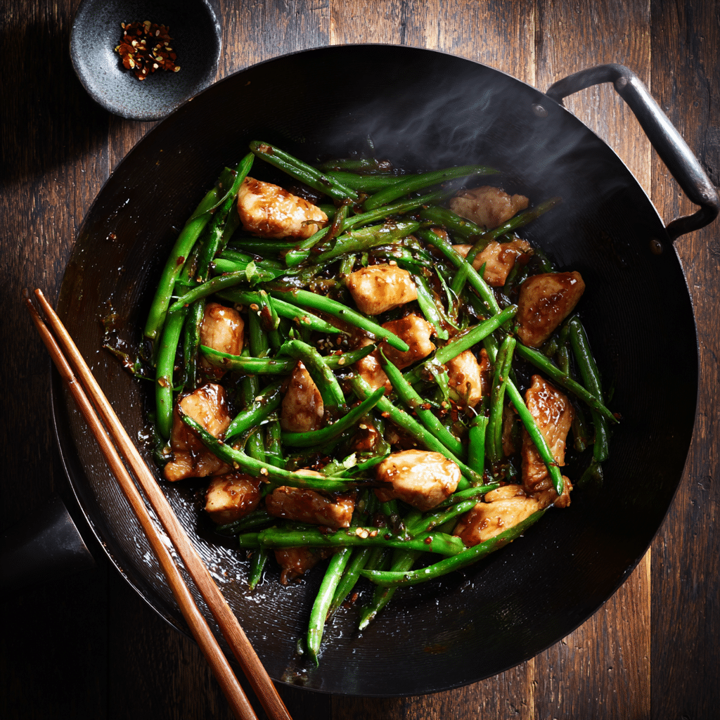 Chicken green bean stir fry recipe with tender chicken and crisp vegetables in savory sauce