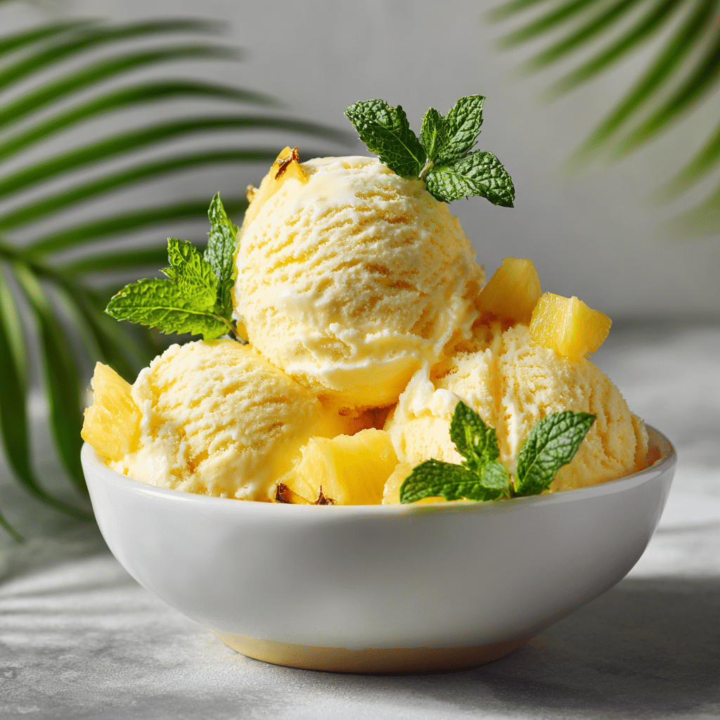Easy pineapple ice cream served in white bowl with fresh pineapple chunks and mint garnish