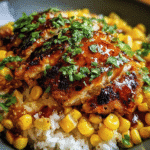 Street corn chicken rice bowl with seared chicken, charred corn, cotija cheese and cilantro garnish