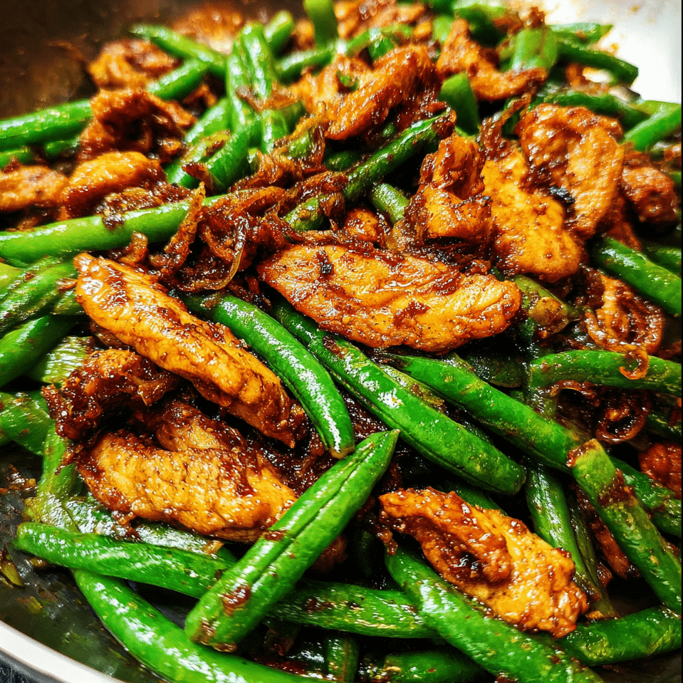 Finished chicken green bean stir fry recipe served over rice with sesame seeds and green onions