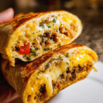 Crispy grilled cheese burrito cut in half showing melted cheese and colorful filling