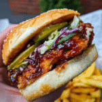 Delicious chicken garlic sandwich with melted cheese and fresh vegetables on wooden board