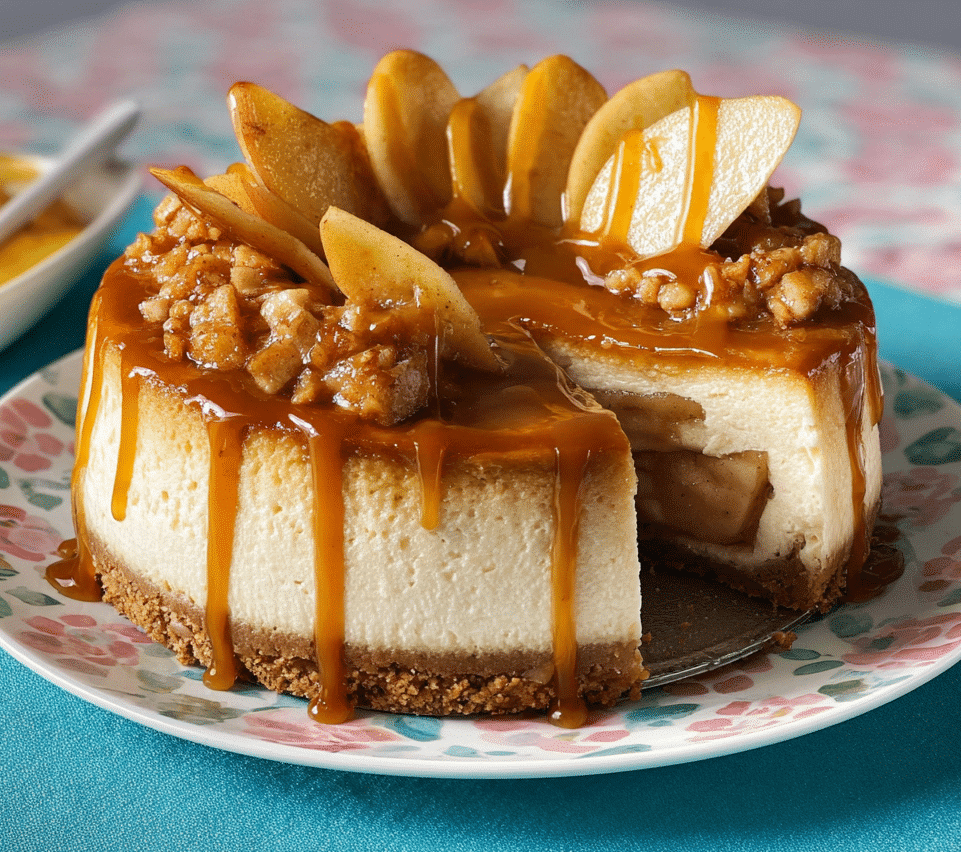 Perfect caramel apple cheesecake with golden caramel drizzle and cinnamon apples on rustic wooden stand