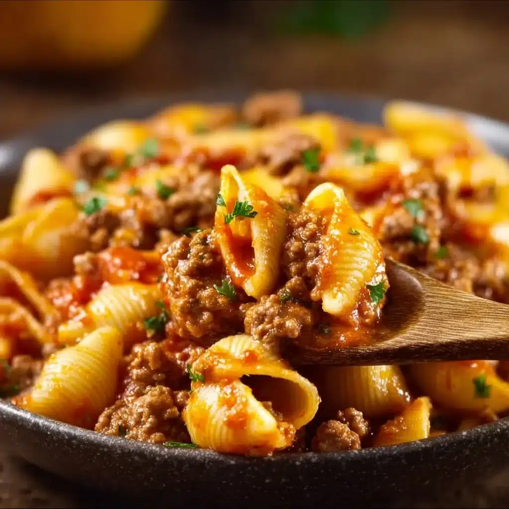 Delicious creamy beef and shells served in a bowl
