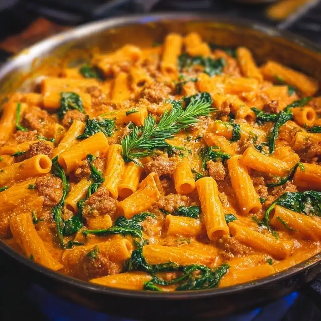 Creamy sausage rigatoni pasta dish garnished with herbs and cheese