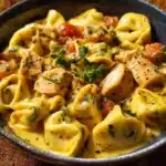 CrockPot Chicken Tortellini dish served in a bowl with fresh herbs
