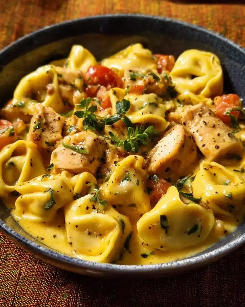 CrockPot Chicken Tortellini dish served in a bowl with fresh herbs
