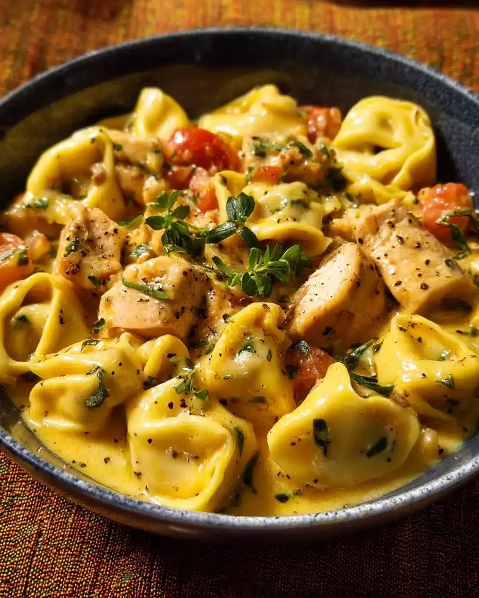 CrockPot Chicken Tortellini dish served in a bowl with fresh herbs