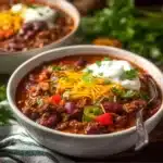 Delicious bowl of Crockpot Chili topped with cheese and herbs