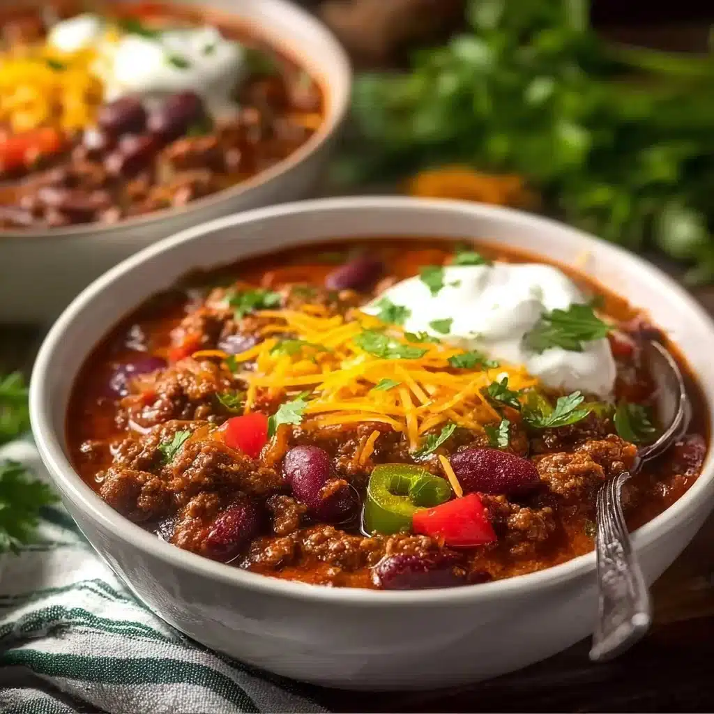 Delicious bowl of Crockpot Chili topped with cheese and herbs