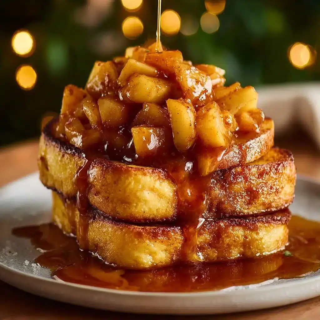 Delicious caramel apple brioche French toast topped with caramel sauce and apples.