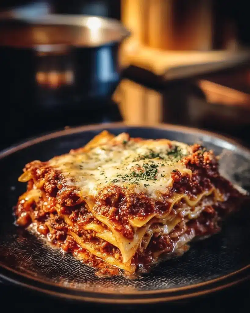 Easiest ever crockpot lasagna with layers of pasta and cheese.