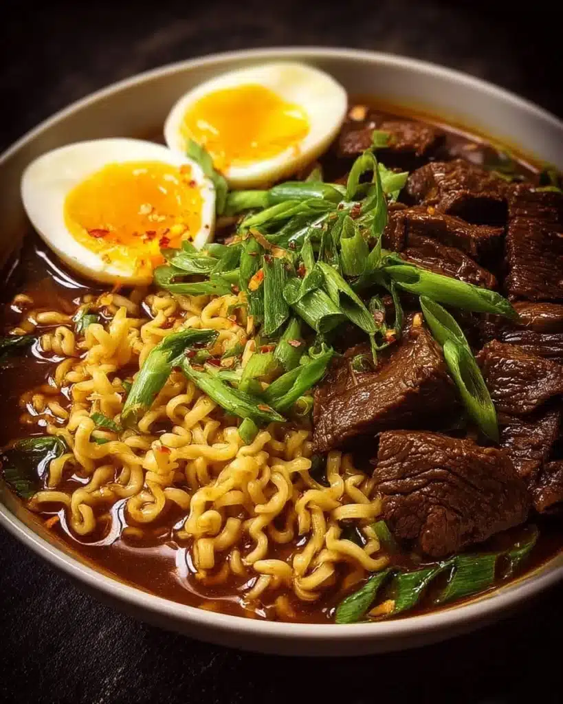 Delicious easy slow cooker beef ramen noodles in a bowl