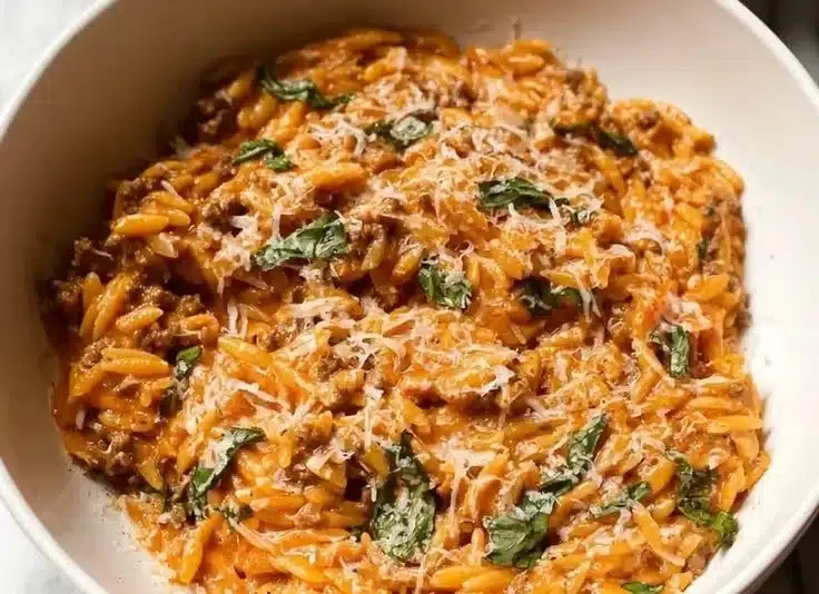Ground Beef Orzo with Tomato Cream Sauce