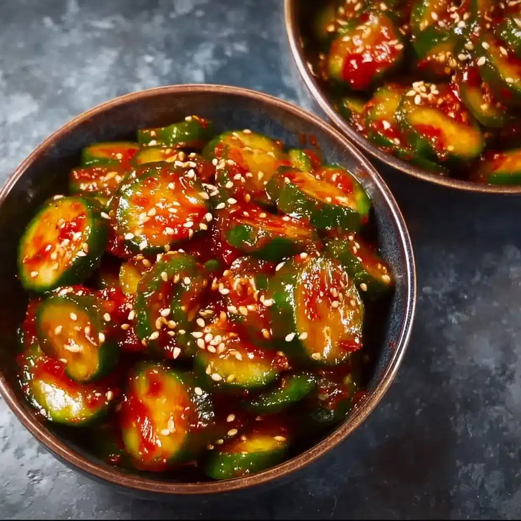 Spicy Korean Cucumber Salad served in a bowl, garnished with sesame seeds.