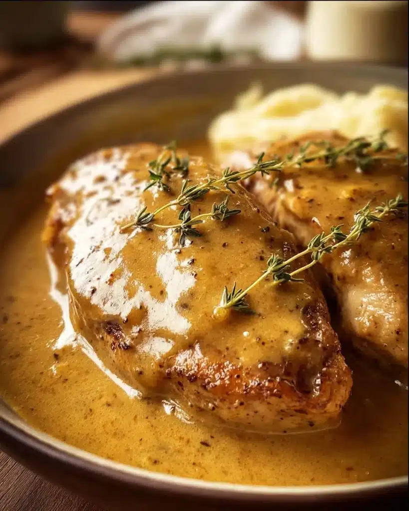 Slow cooker chicken and gravy dish served with mashed potatoes