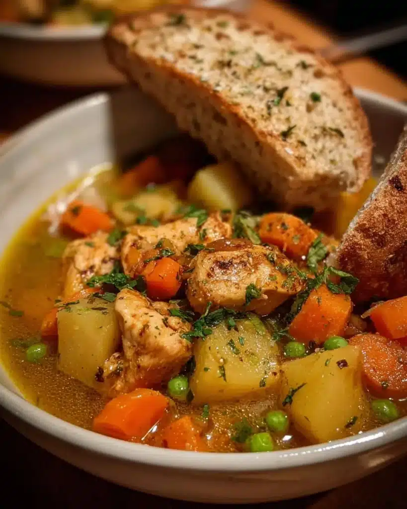 Delicious slow cooker chicken stew with vegetables in a rustic bowl