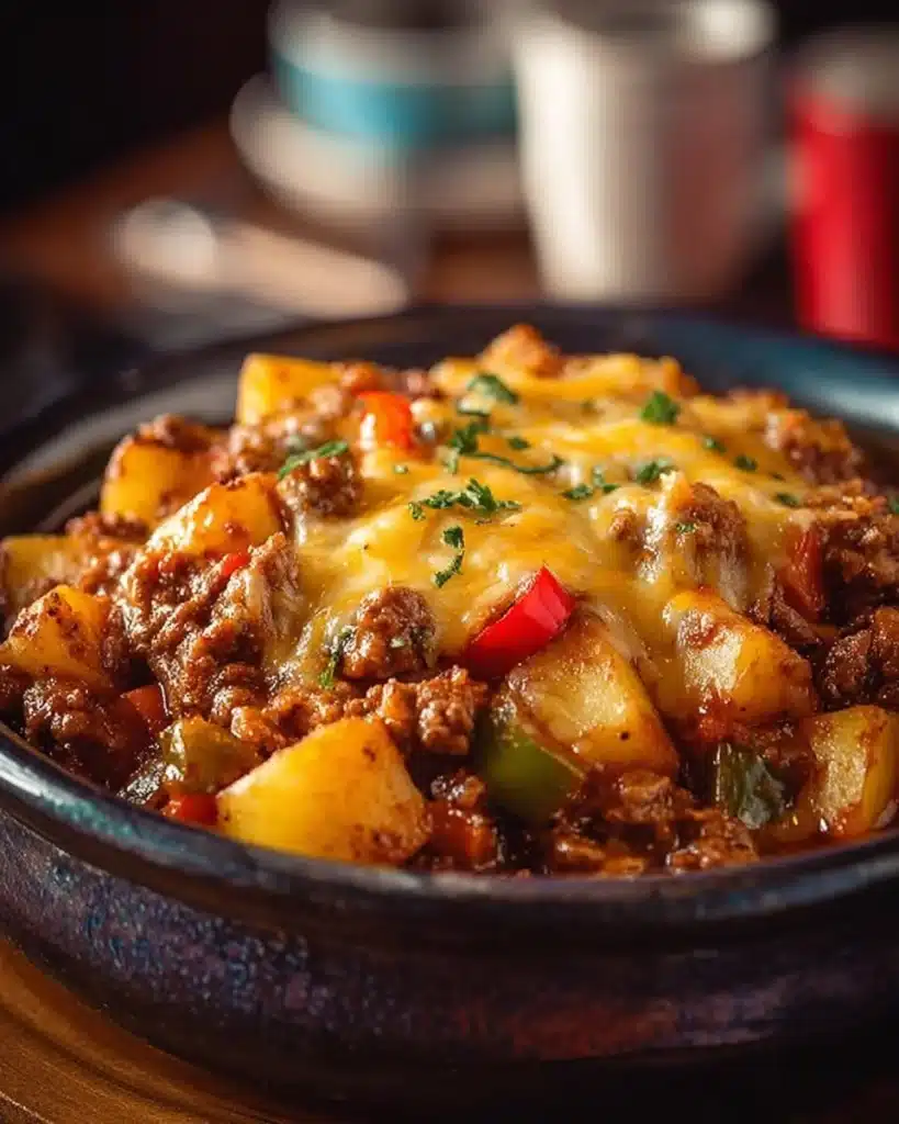 Bowl of Slow Cooker Cowboy Casserole with beans and cheese