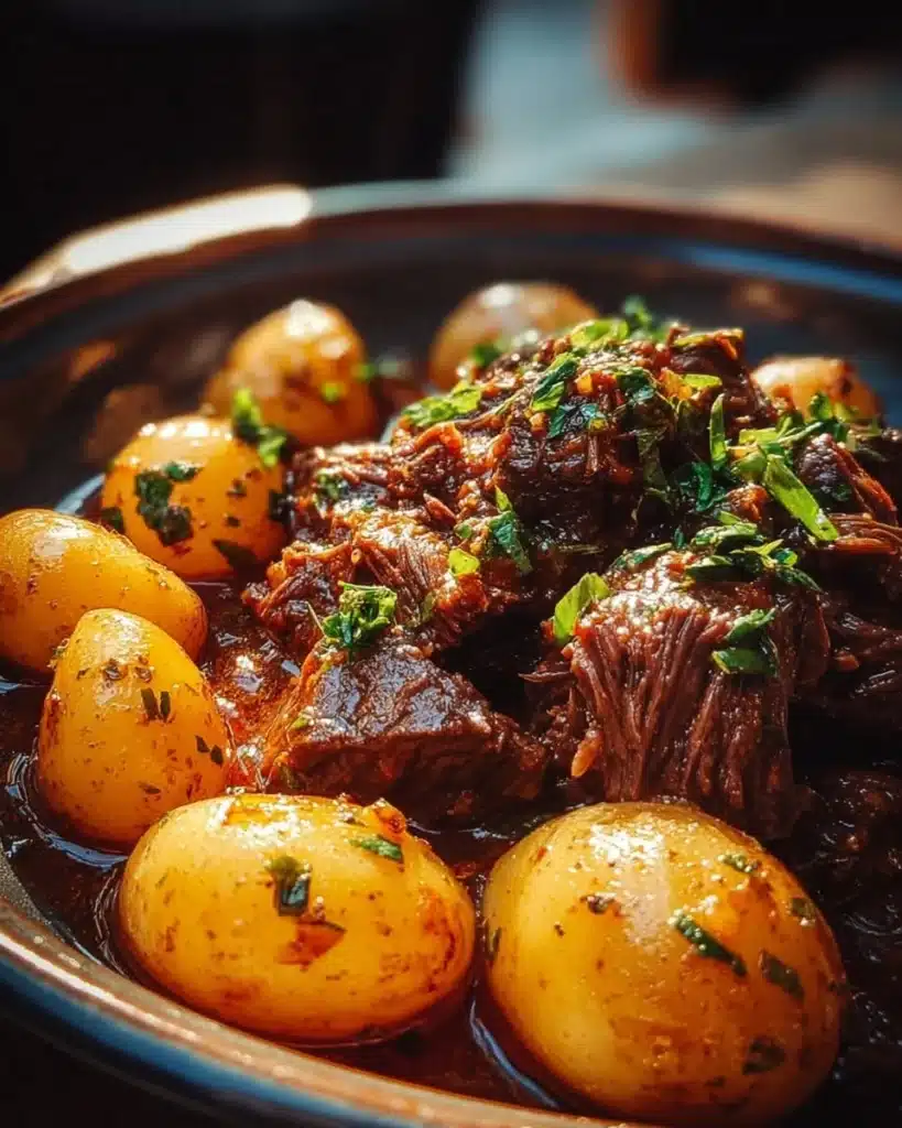 Slow Cooker Garlic Butter Beef with Potatoes served in a bowl