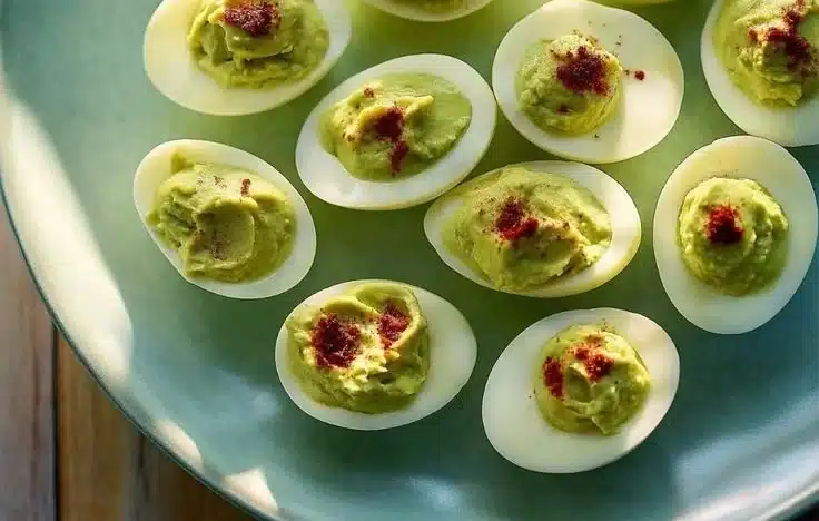 Delicious avocado deviled eggs served on a platter