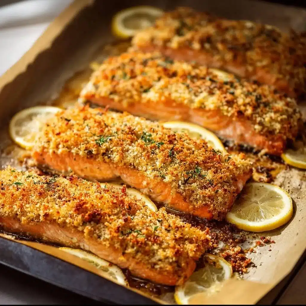 Baked Parmesan Crusted Salmon served on a plate with herbs and lemon
