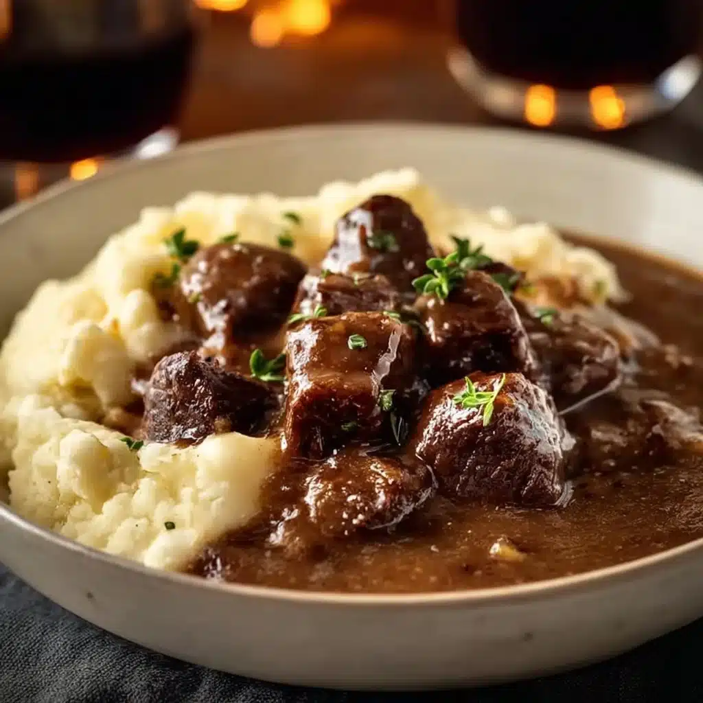 Beef tips and gravy over creamy mashed potatoes for a comforting meal.