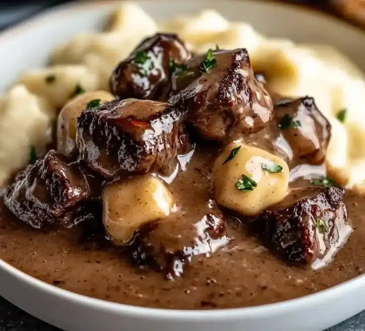 Comforting Beef Tips and Gravy Over Creamy Mashed Potatoes