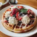 Golden brown Belgian waffles served with strawberries and whipped cream