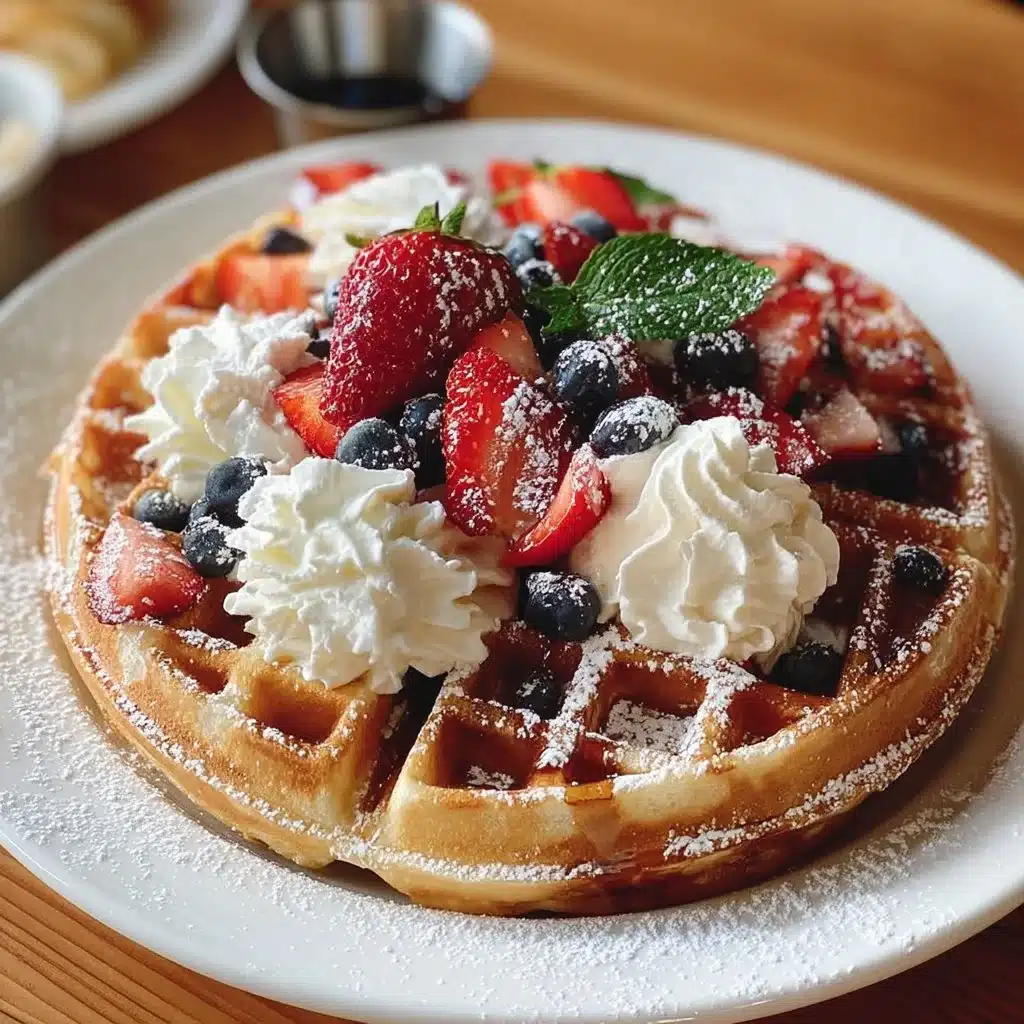 Golden brown Belgian waffles served with strawberries and whipped cream