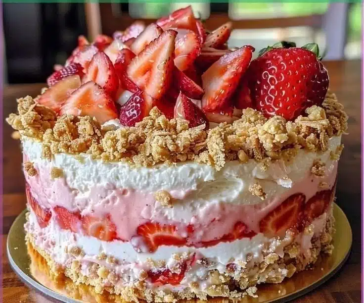 Slice of Berrylicious Strawberry Crunch Cheesecake topped with fresh strawberries