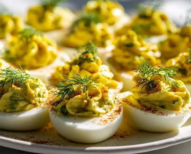 Delicious dill pickle deviled eggs on a serving platter