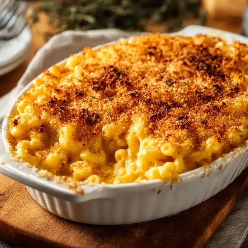 Delicious and creamy classic mac and cheese topped with golden breadcrumbs
