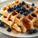 Stack of homemade blueberry waffles topped with fresh blueberries and syrup