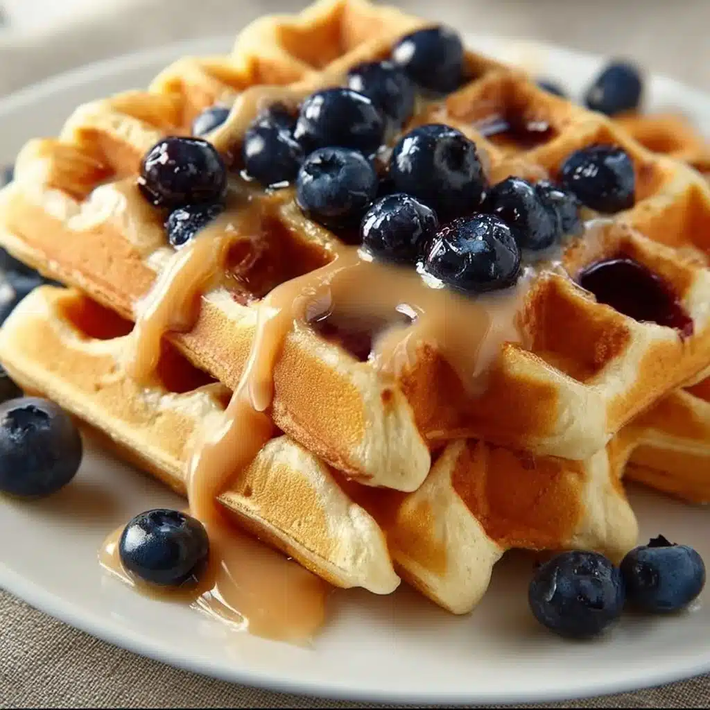 Stack of homemade blueberry waffles topped with fresh blueberries and syrup