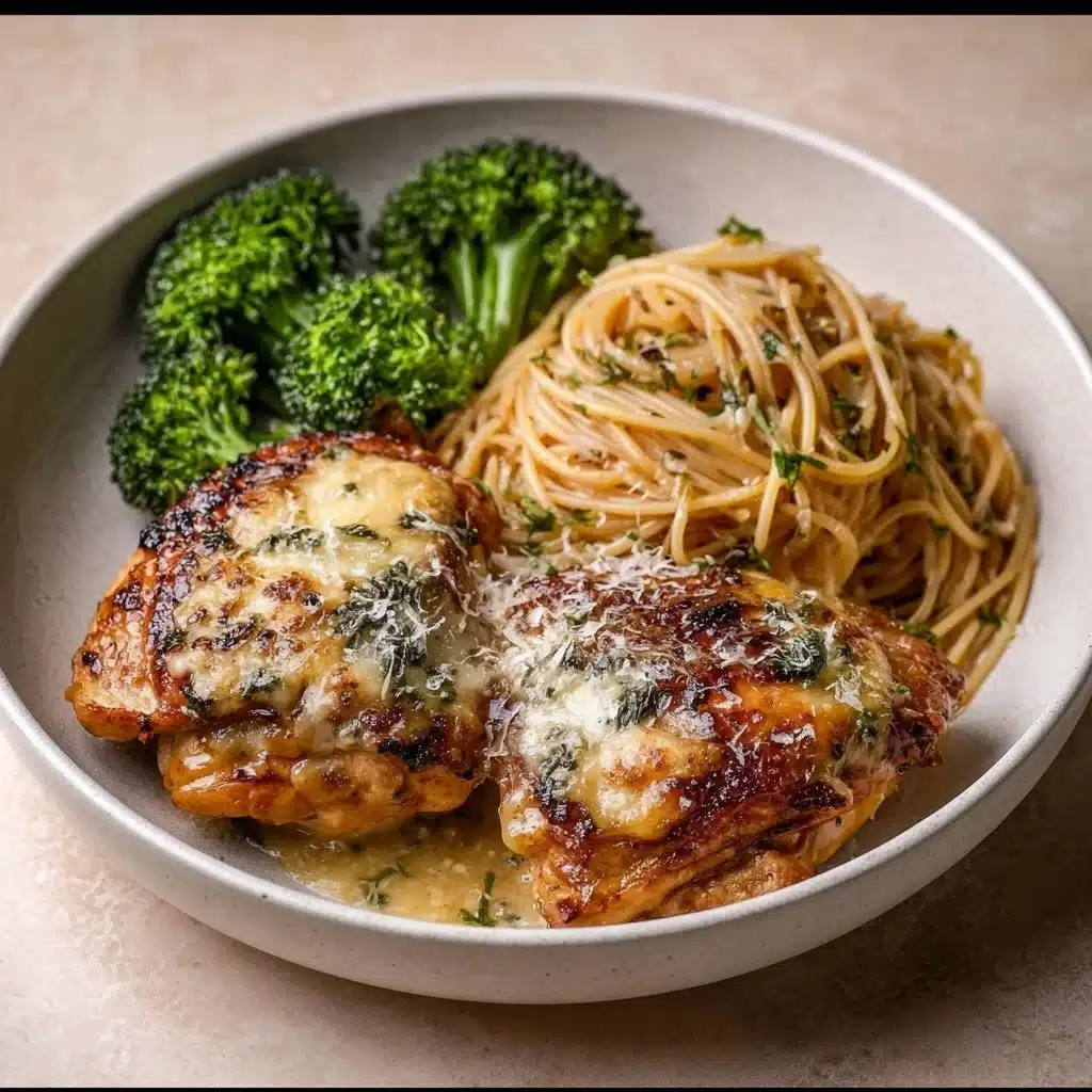 Plate of Broccoli Chicken Spaghetti with fresh broccoli and grilled chicken.