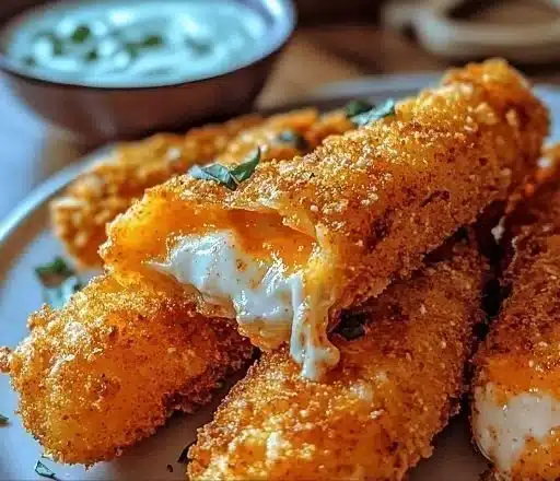 Crispy Buffalo Chicken Mozzarella Sticks served with dipping sauce