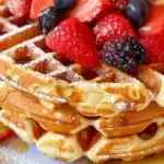 Golden buttermilk waffles stacked on a plate with syrup and berries