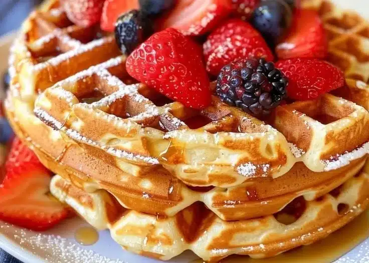 Golden buttermilk waffles stacked on a plate with syrup and berries