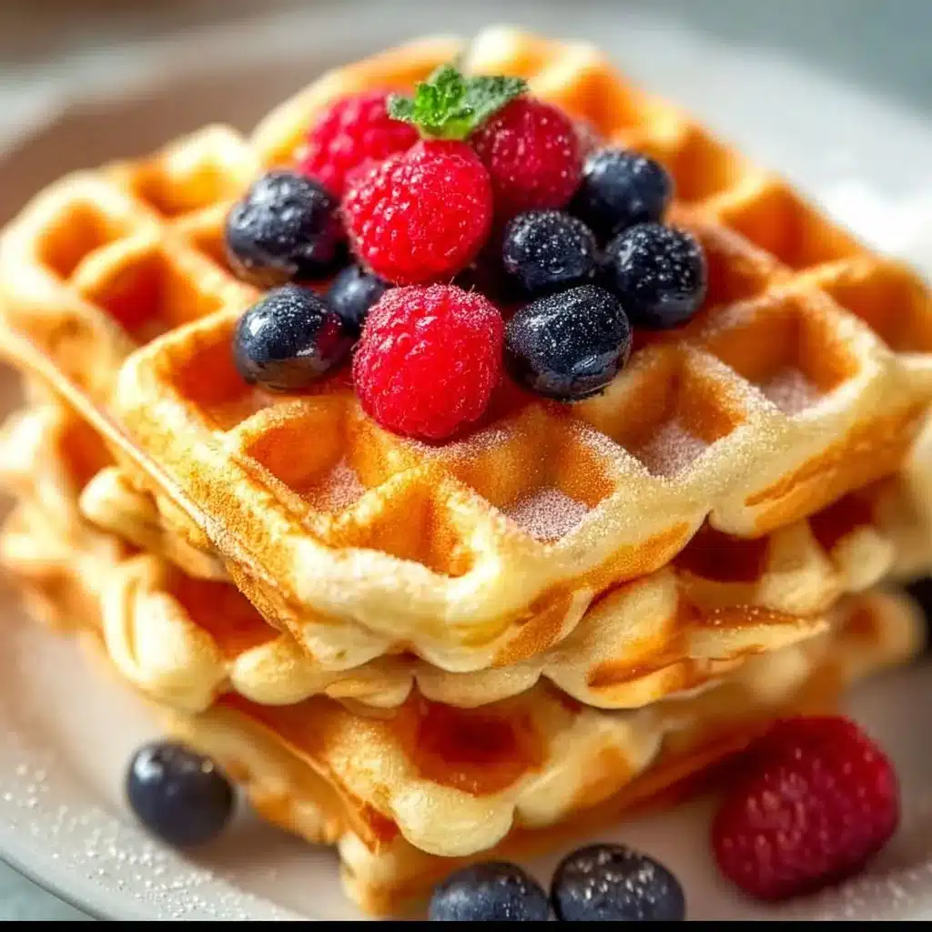 Deliciously fluffy buttermilk waffles topped with fresh berries and syrup