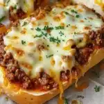 Cheesy garlic bread topped with sloppy joe filling on a plate