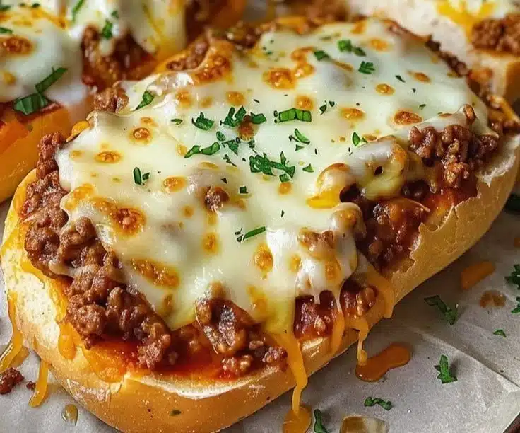 Cheesy garlic bread topped with sloppy joe filling on a plate