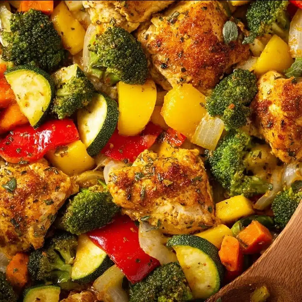 Delicious Chicken and Veggie Sheet Pan meal ready to be served.