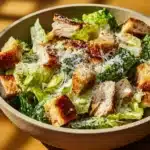 Delicious Chicken Caesar Salad with grilled chicken, romaine lettuce, and parmesan cheese.
